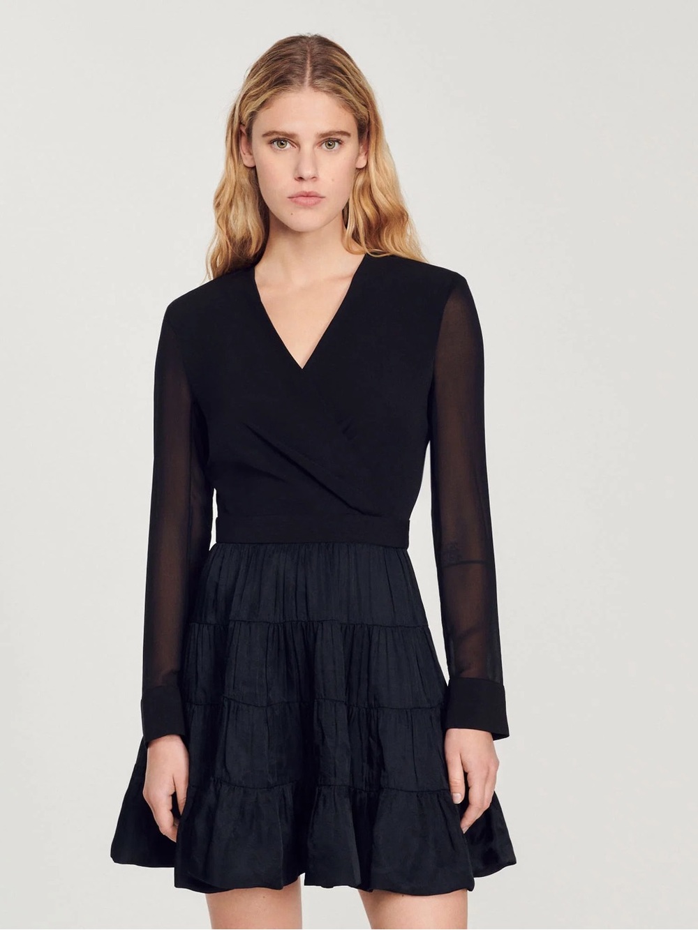 Sandro Ginette Mesh Sleeve Tiered Mini Dress | Black Satin & Chiffon - Size 4